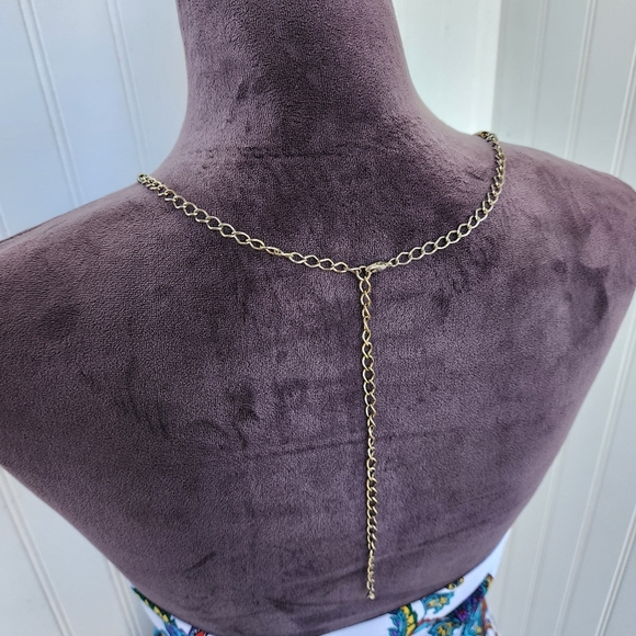 Silvers ute Halter  Jeweled Top Blouse Sleeveless Green White Paisley Chain Sz L - Picture 8 of 14